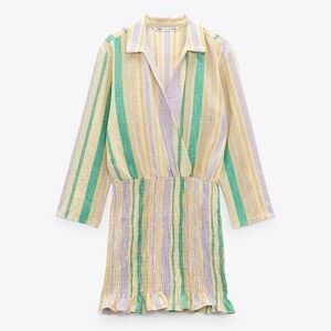 Zara new Cotton Multicolor Stripe Valery Long Sleeve Mini Dress size small